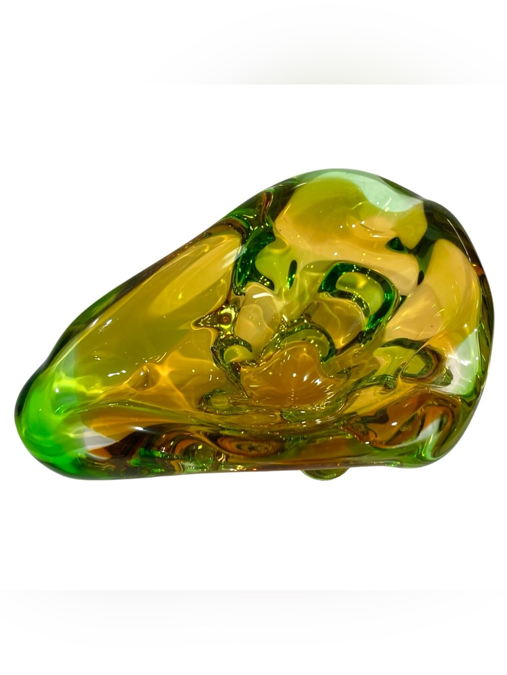 Vintage 1960s Lorraine Art Glass Green Amber Ashtray Clear Triangular Base